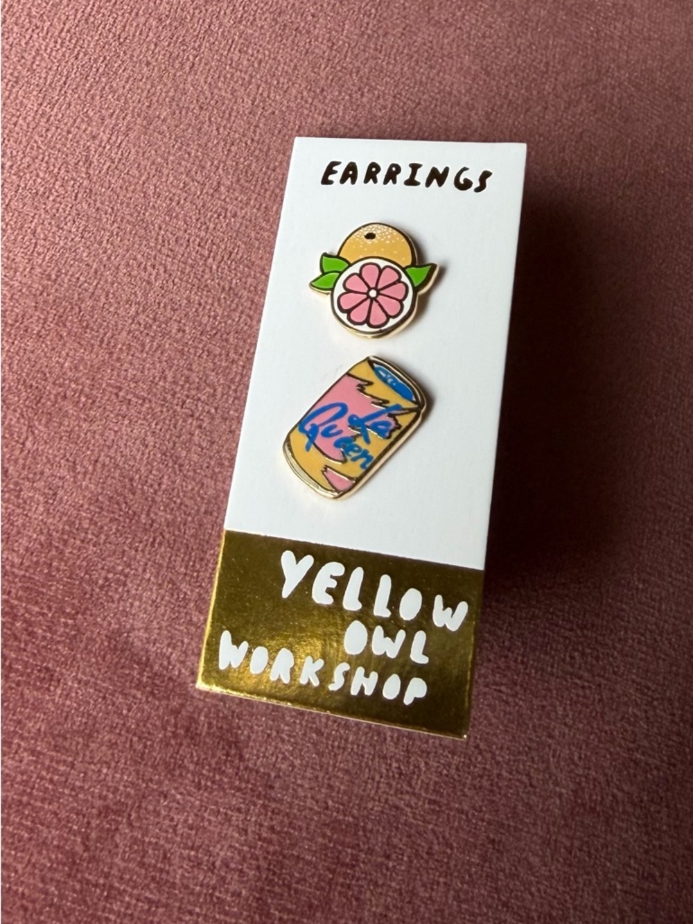 Yellow Owl Citrus & La Croix “La Queen” Stud Earrings | 22k Gold Gilt | New